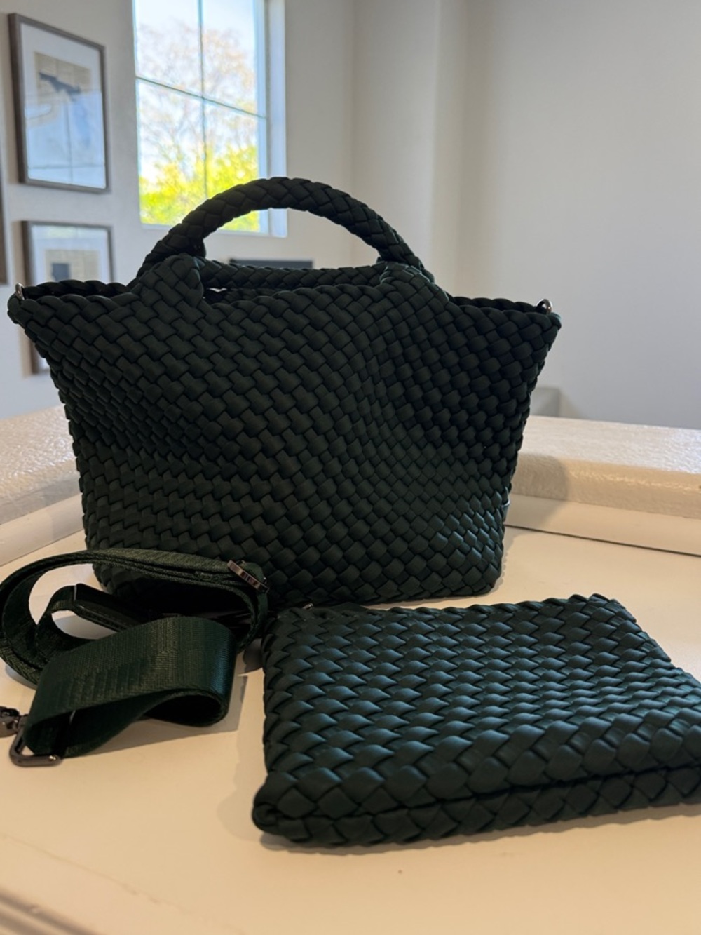 Naghedi Woven Dark Green Women's Tote Bag with Removable Pouch